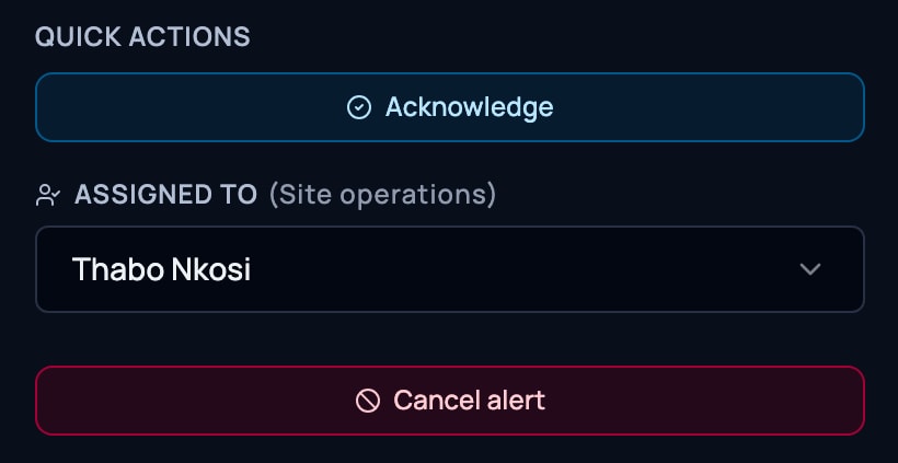 An open alert handed to the site operations manager, with Acknowledge and Cancel alert buttons.