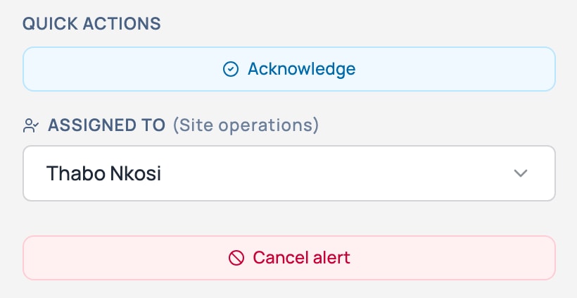 An open alert handed to the site operations manager, with Acknowledge and Cancel alert buttons.