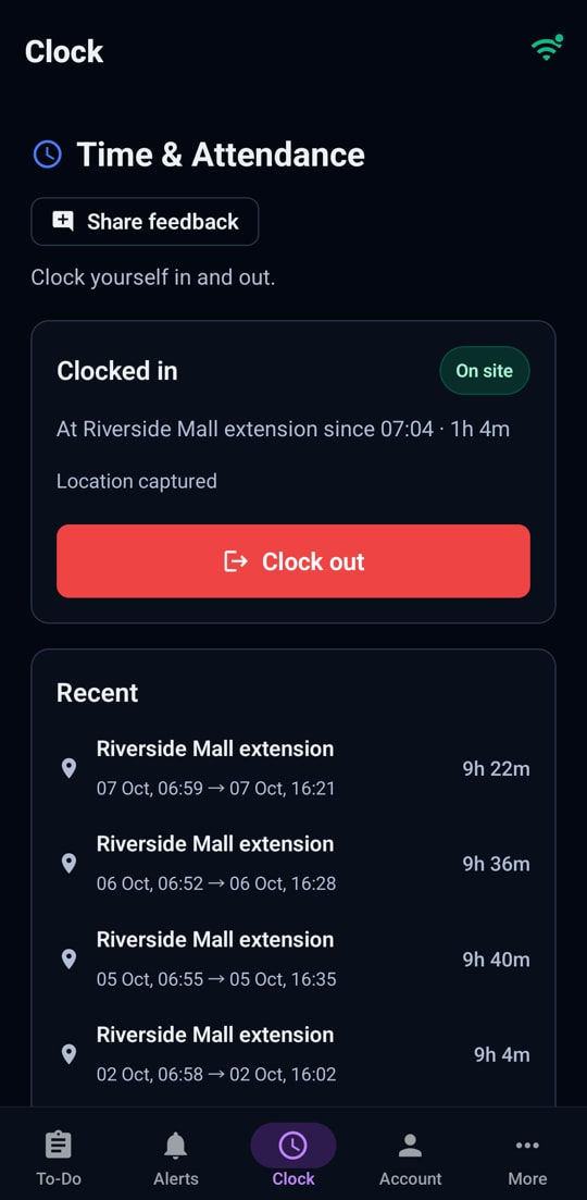 The app’s clock-in screen on a phone.