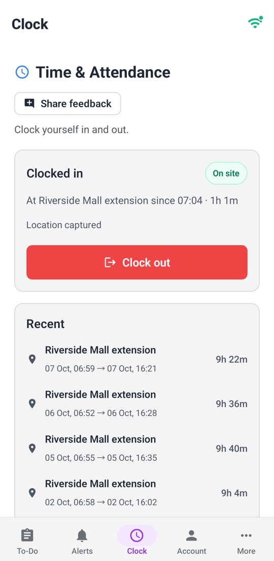 The app’s clock-in screen on a phone.