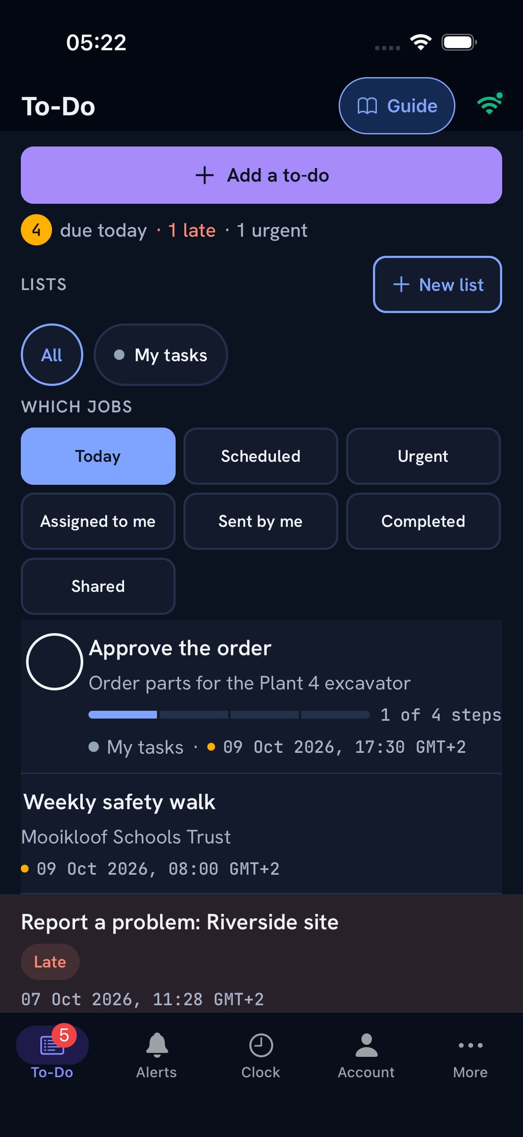 The app on a phone: a To-Do with steps to Approve the order and do the Weekly safety walk, and a late Report a problem.
