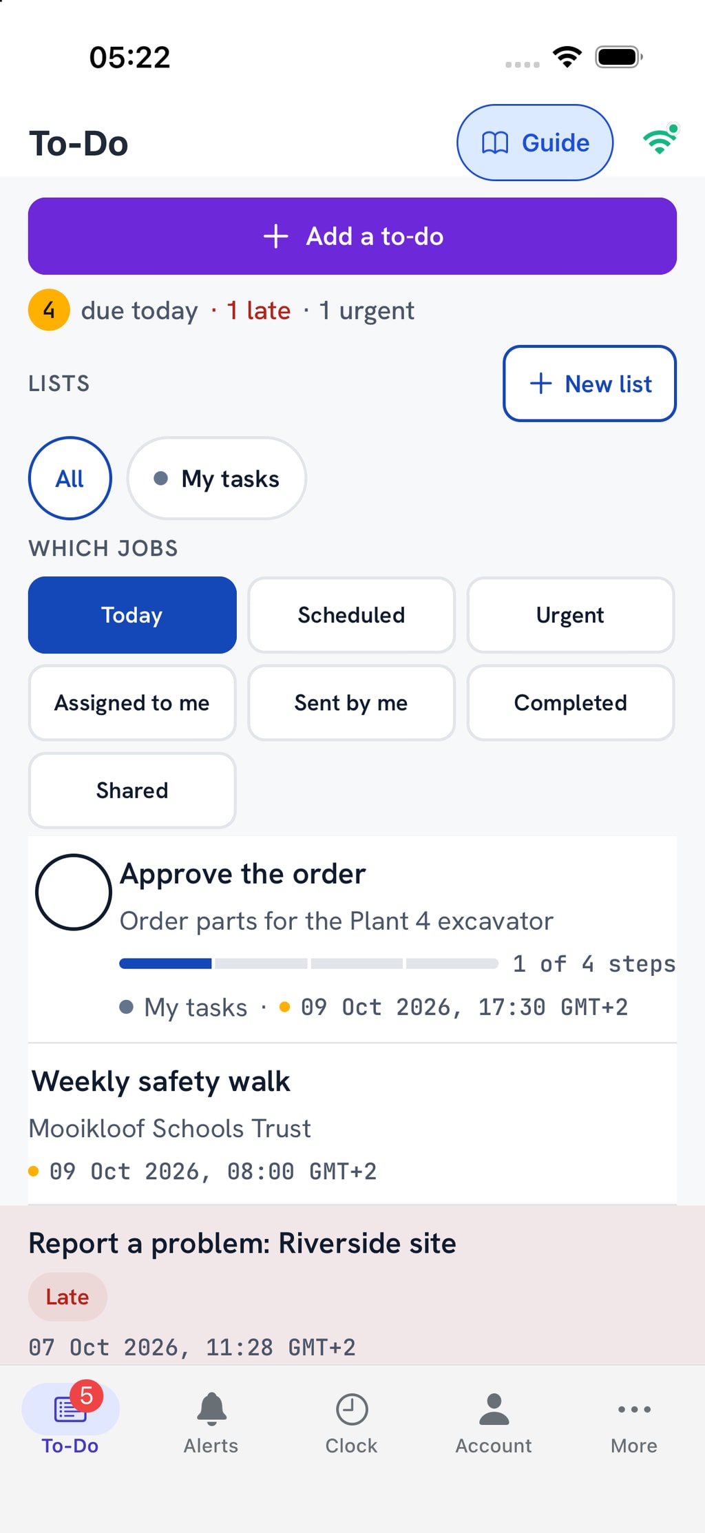 The app on a phone: a To-Do with steps to Approve the order and do the Weekly safety walk, and a late Report a problem.
