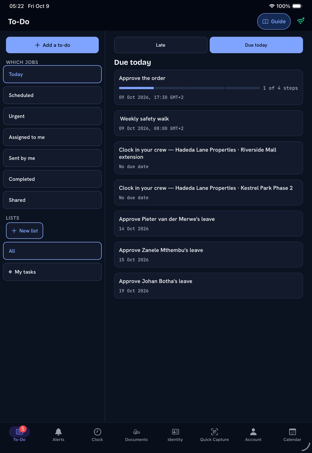 The PremHQ app’s To-Do on an iPad, with every module along the bottom.