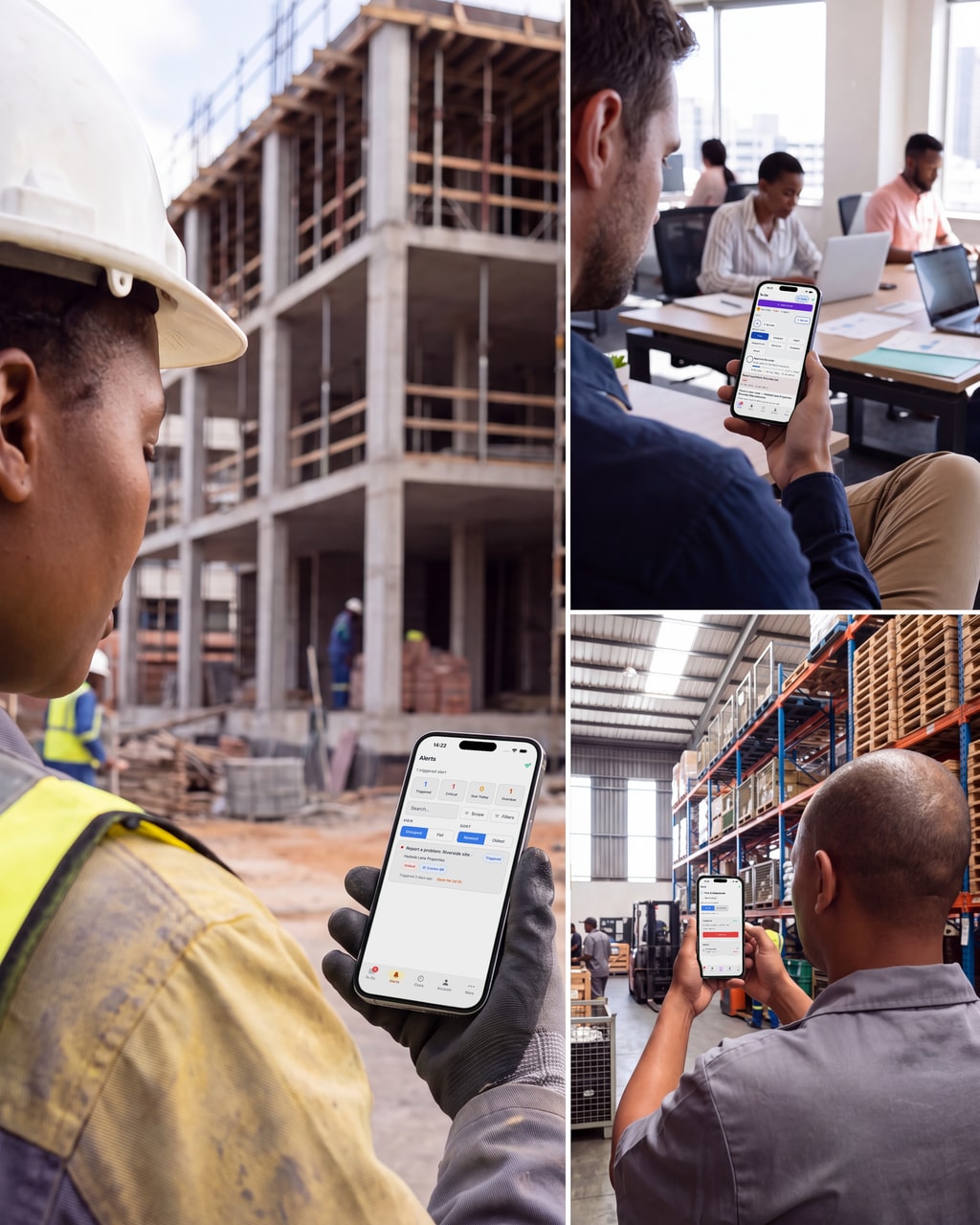 Three teams using the PremHQ app: an alert on a building site, To-Do in an office, clocking in at a warehouse.