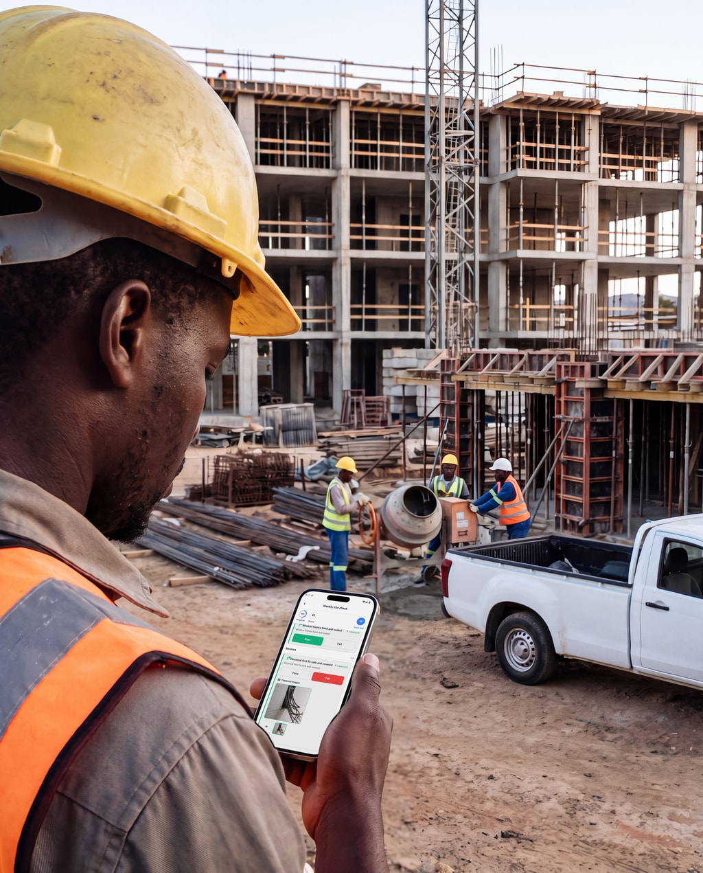 A site manager checks the weekly site check on the PremHQ app on an active building site.