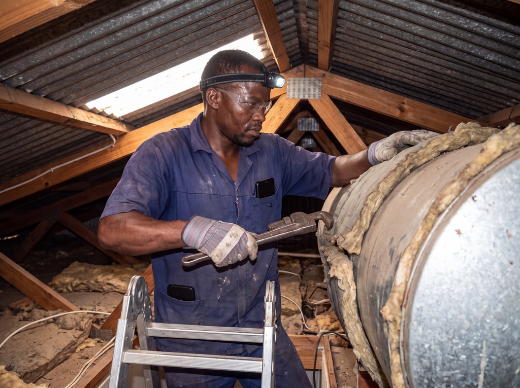 A plumber in a roof space works on a lagged hot-water cylinder, wearing a head torch and safety glasses.